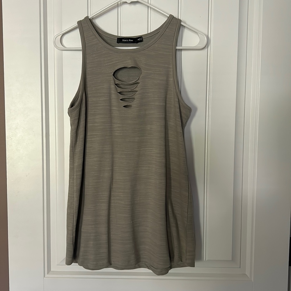 Greenish beige tank top with distressed rips in front